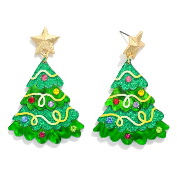 Enamel Christmas Tree Earring With Star Post Drop Featuring Glitter & Rhinestones