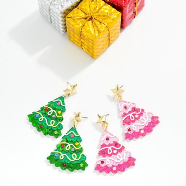 Enamel Christmas Tree Earring With Star Post Drop Featuring Glitter & Rhinestones