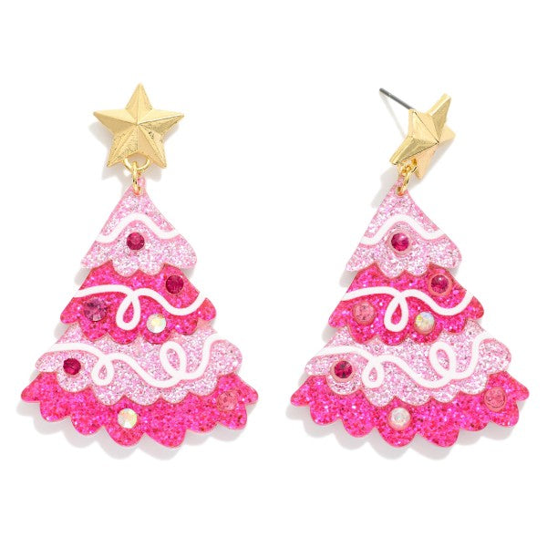 Enamel Christmas Tree Earring With Star Post Drop Featuring Glitter & Rhinestones