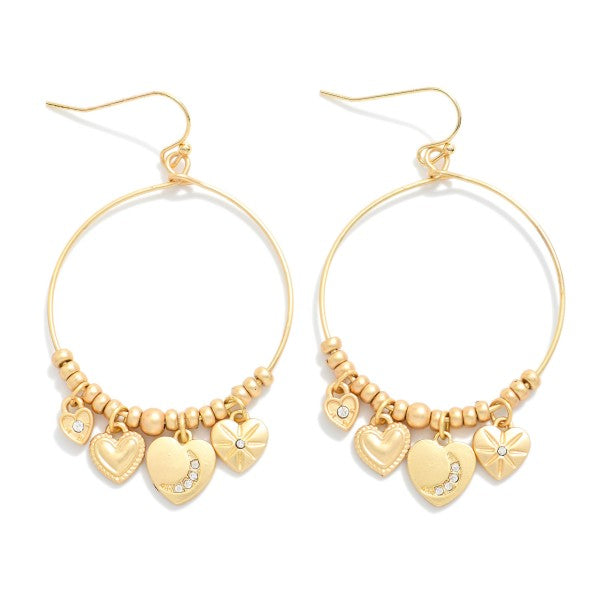 Metal Tone Wire Drop Hoop Earrings Featuring Metal Tone Beads & Heart Charms