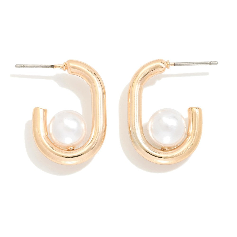 Metal Tone Rectangular Hoop Drop Earring Featuring Pearl Ball