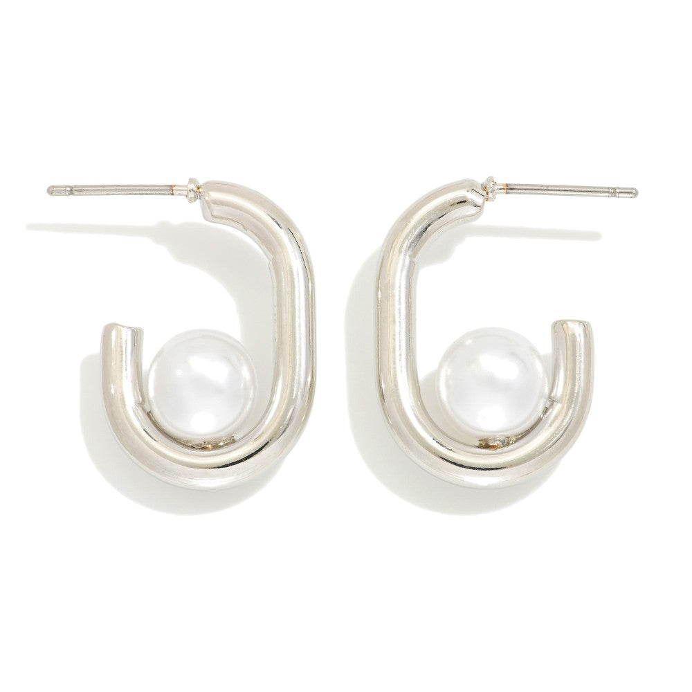 Metal Tone Rectangular Hoop Drop Earring Featuring Pearl Ball