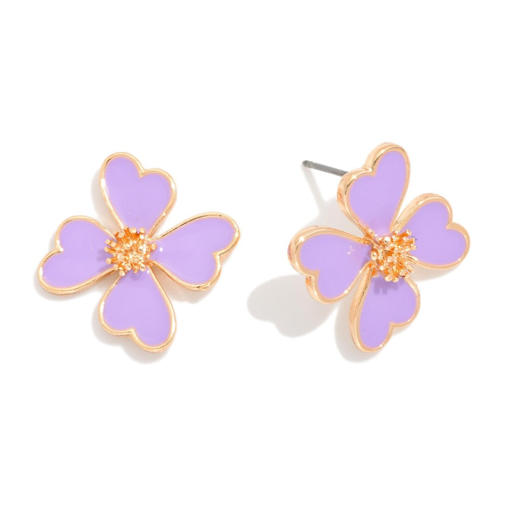 Enamel Flower Stud Earrings - Purple
