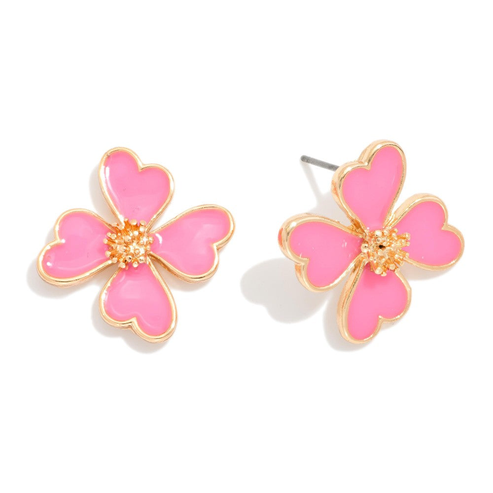 Enamel Flower Stud Earrings - Pink