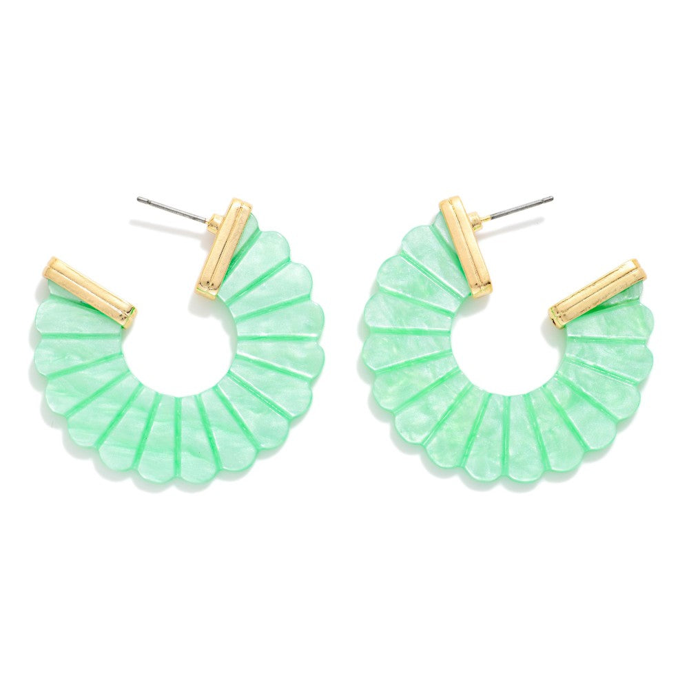 Scalloped Marble Acetate Hoop Drop Earring Featuring Gold Tones - Mint