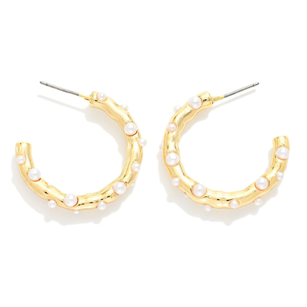 Metal Tone Hoop Earrings With Pearl Details