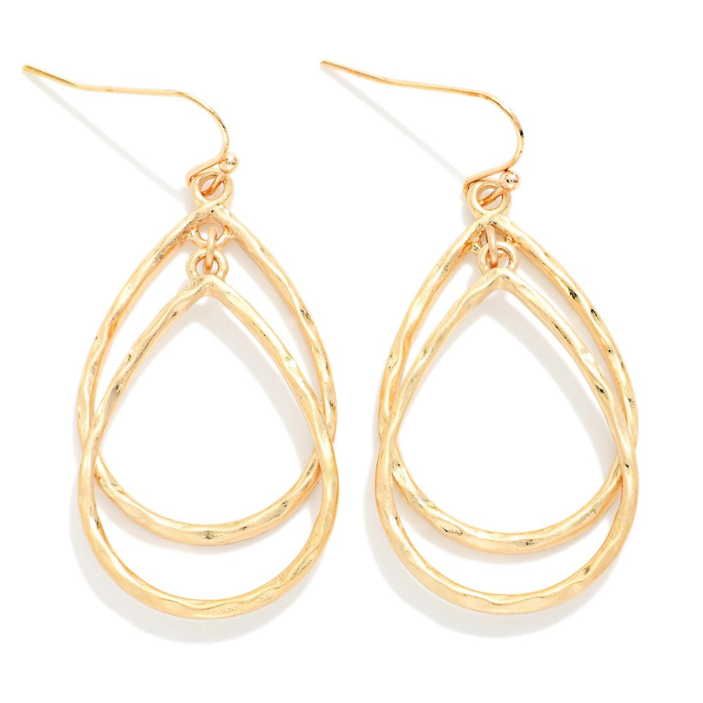 Hammered Metal Nesting Teardrop Drop Earrings - Gold
