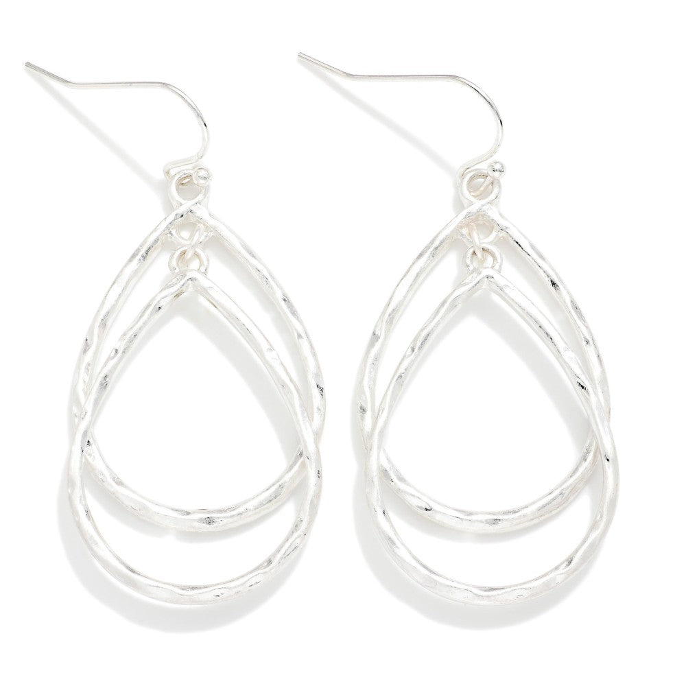 Hammered Metal Nesting Teardrop Drop Earrings - Silver