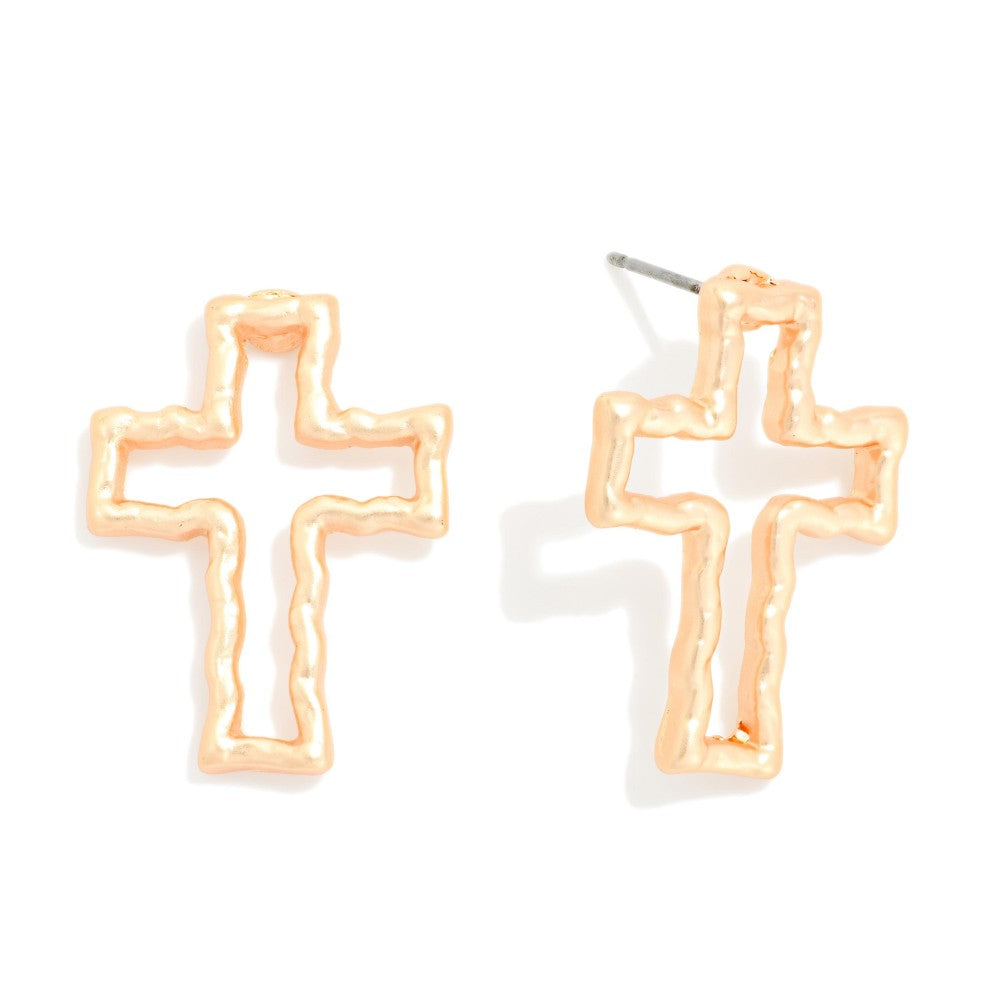 Textured Post Drop Cross Earrings - Gold