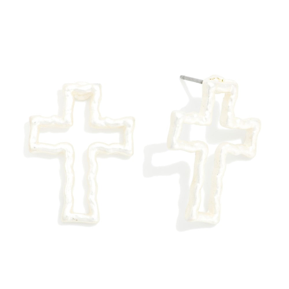 Textured Post Drop Cross Earrings - Silver