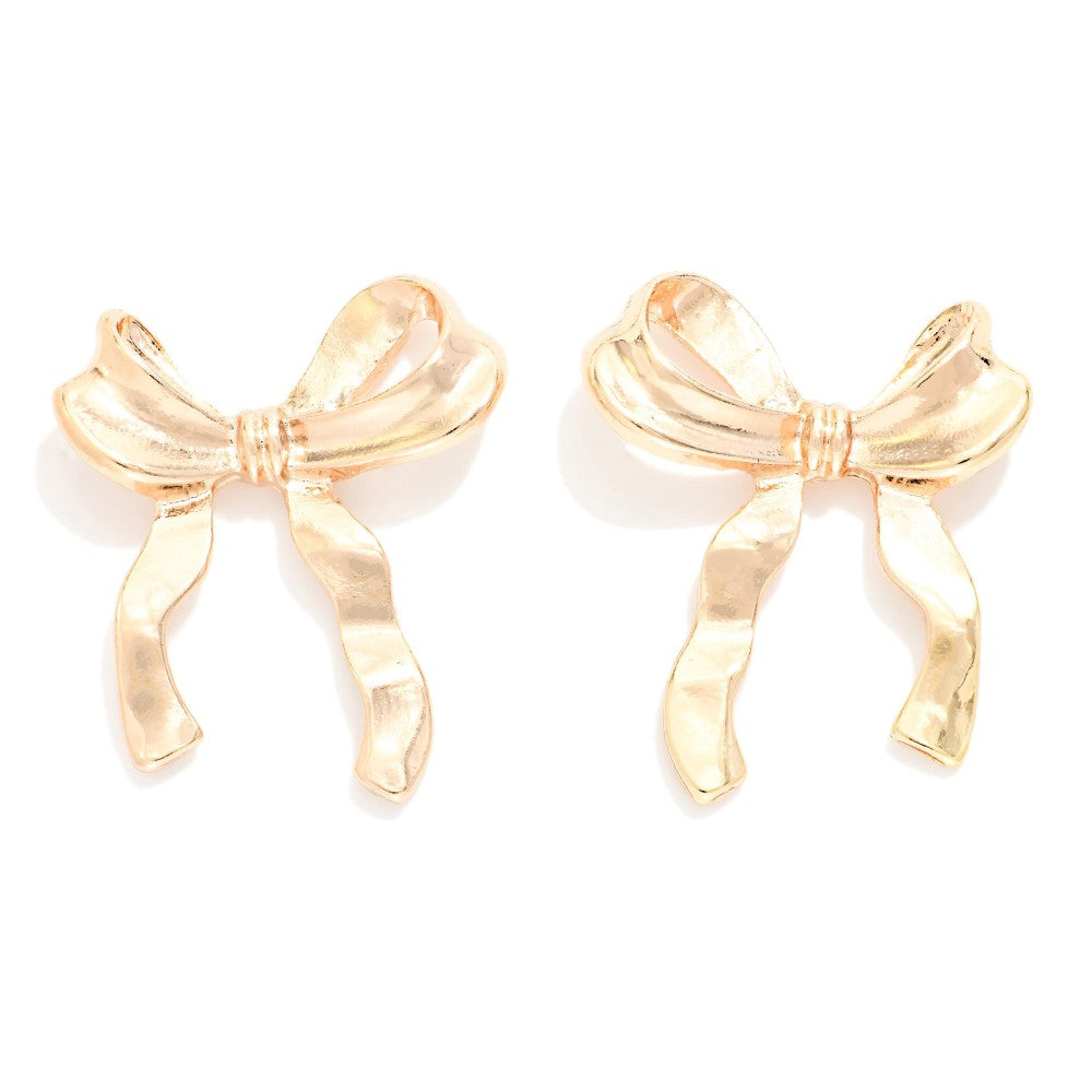 Crinkled Metal Bows Post Drop Earrings - Gold
