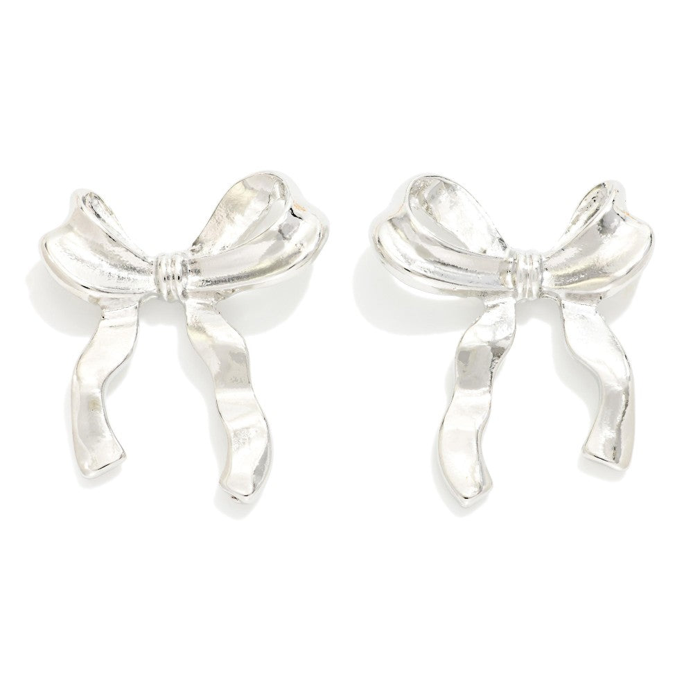 Crinkled Metal Bows Post Drop Earrings - Silver