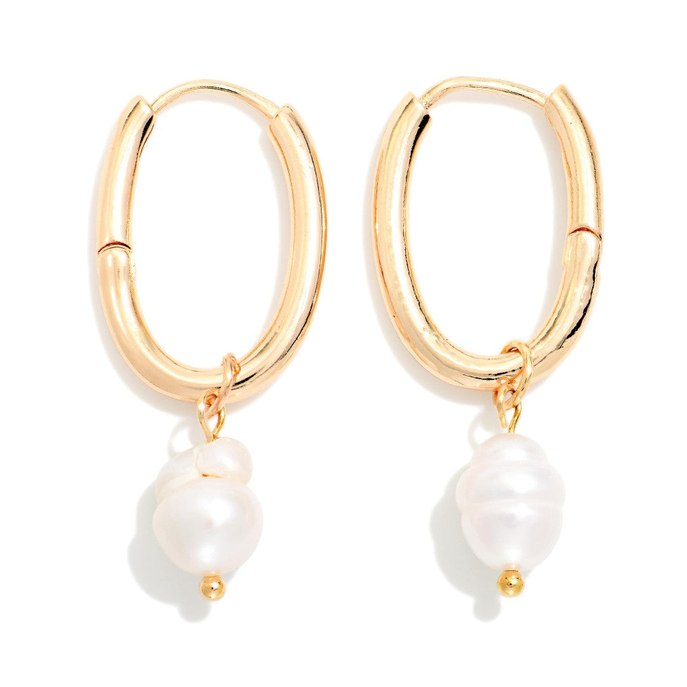 Metal Tone Oval Hoop Earrings With Pearl Dangle Detail