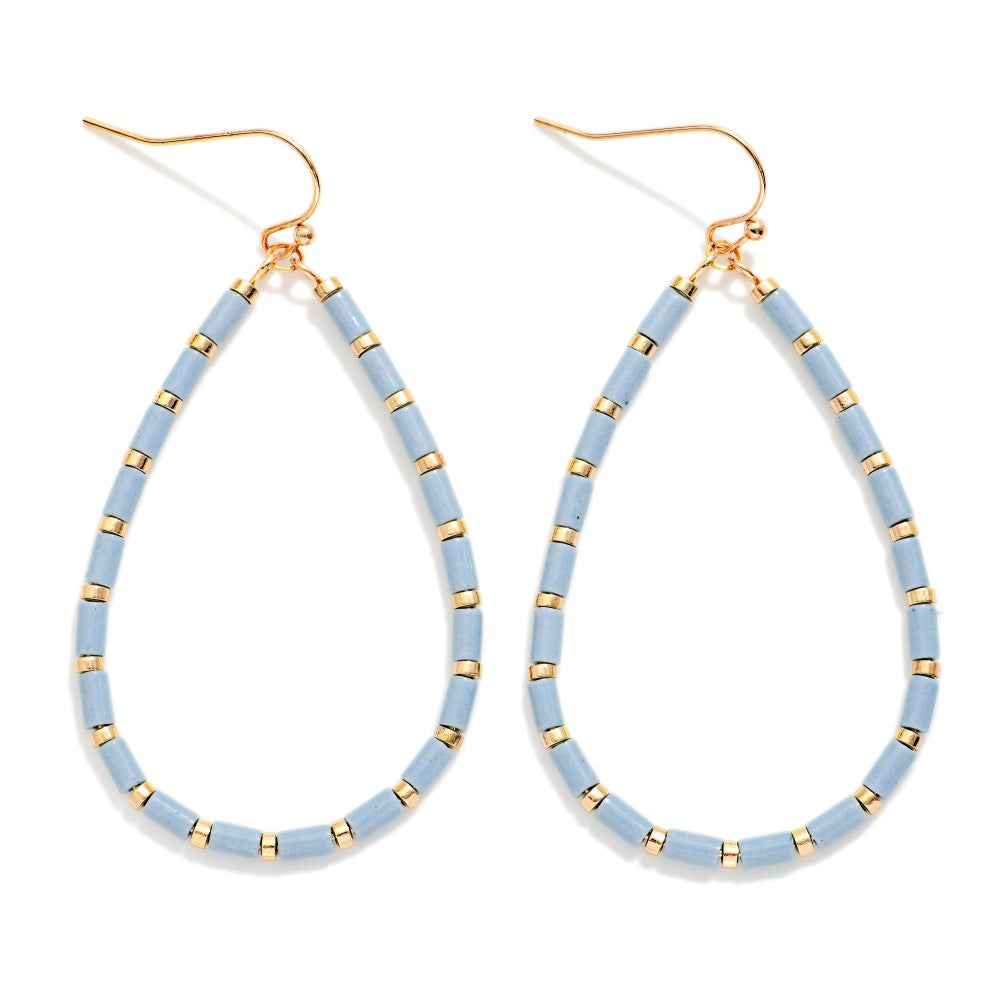 Tube Beaded Teardrop Drop Earrings Featuring Metal Tone Station - Light Blue