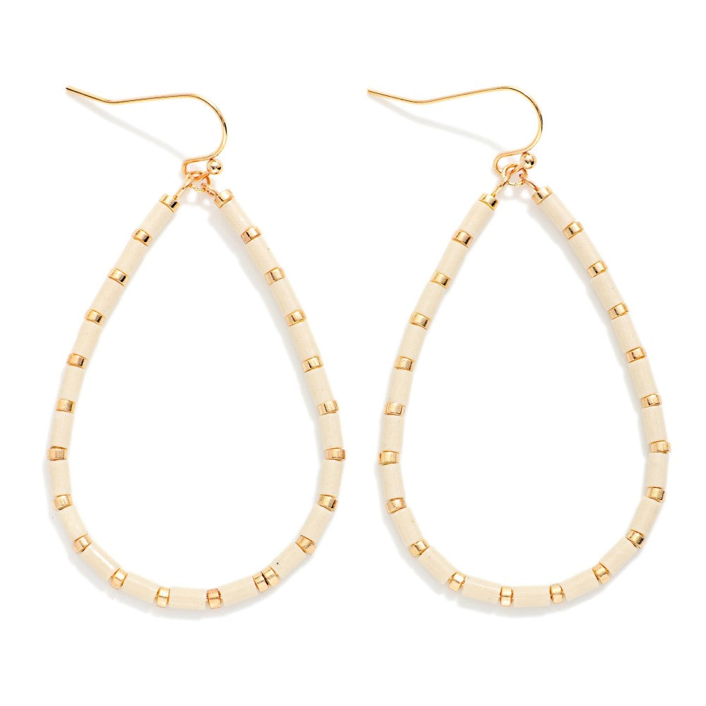 Tube Beaded Teardrop Drop Earrings Featuring Metal Tone Station - Ivory