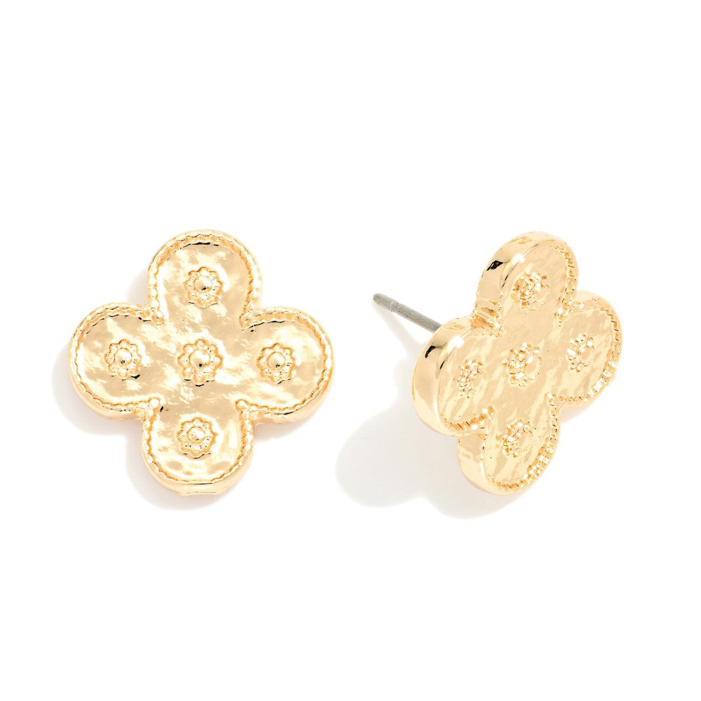 Metal Tone Clover Stud Earrings With 3D Flower Details