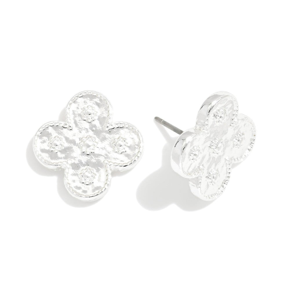 Metal Tone Clover Stud Earrings With 3D Flower Details
