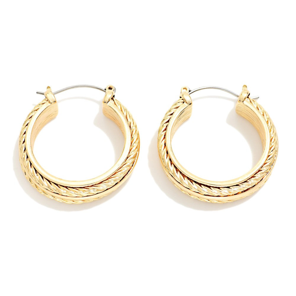 Metal Tone Hoop Earrings With Twisted Metal Details - Gold
