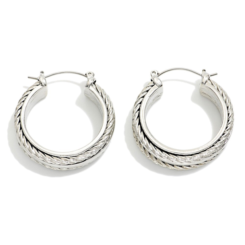 Metal Tone Hoop Earrings With Twisted Metal Details - Silver