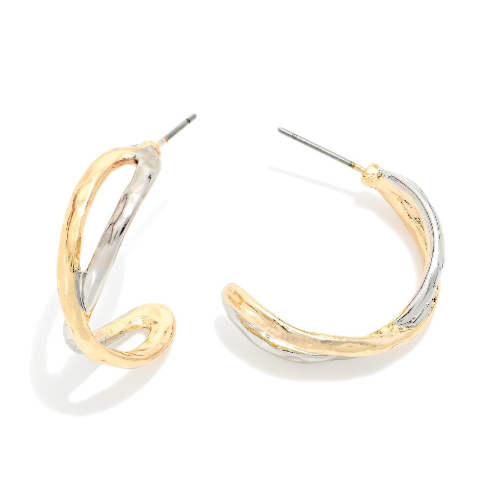 Two Tone Intertwined Hoop Drop Earrings