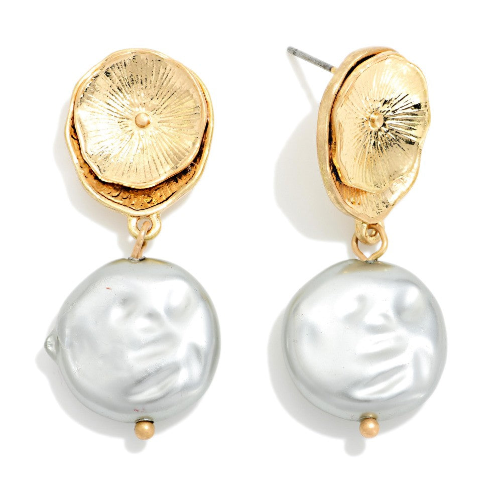Metal Tone Flower Post Drop Earring Linked With Flat Pearl Dangle Detail - Grey