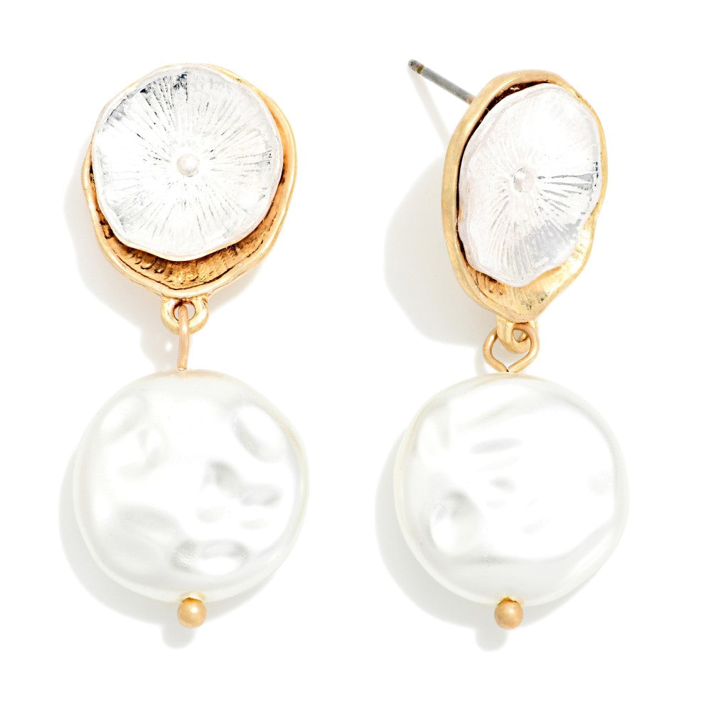 Metal Tone Flower Post Drop Earring Linked With Flat Pearl Dangle Detail - White