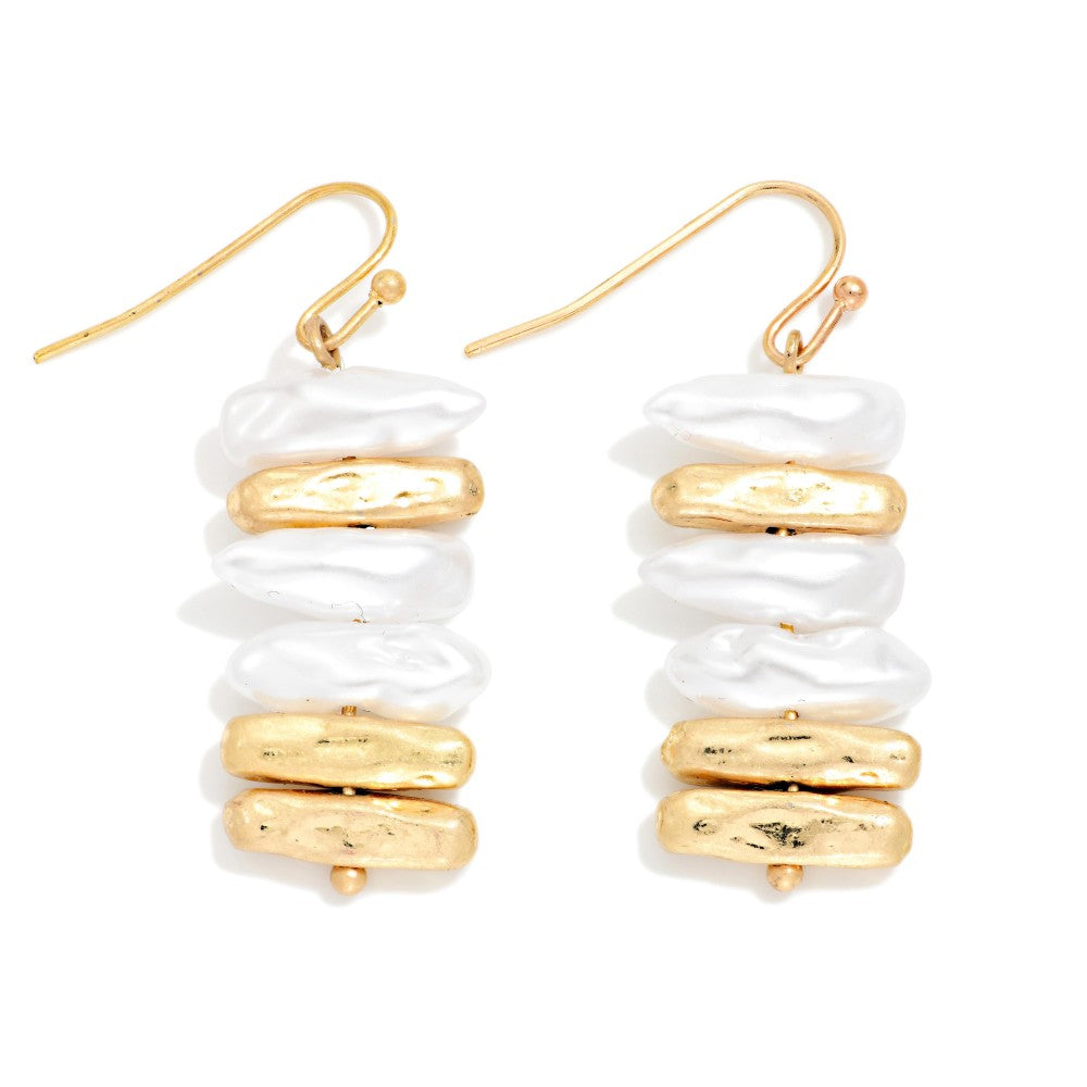 Rectangular Pearl & Hammered Metal Bead Drop Earrings