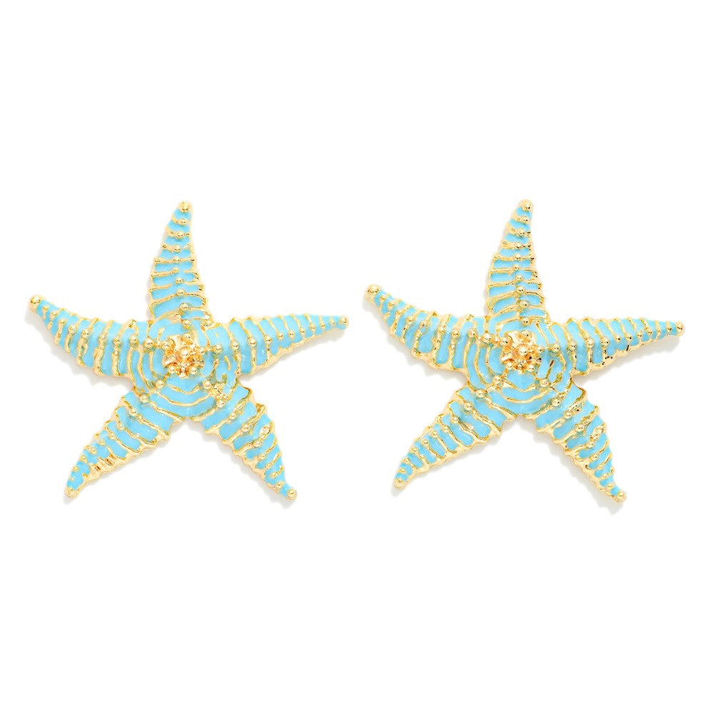 Painted Metal Starfish Post Drop Earring Teal