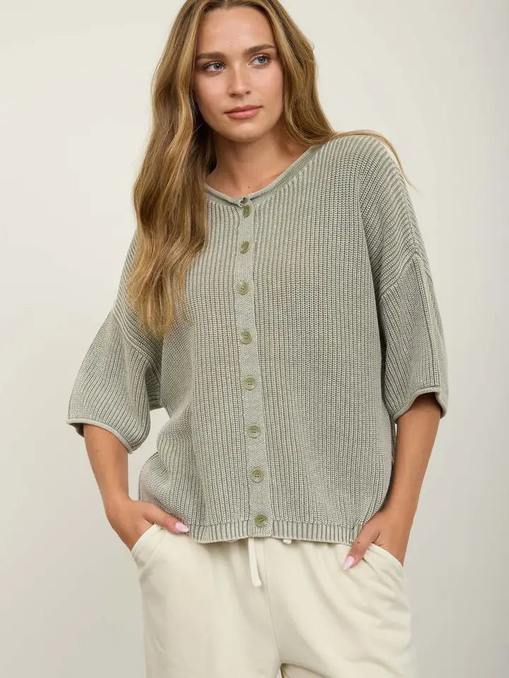 Washed Ribbed Short Sleeve Rolled Edge Cardigan