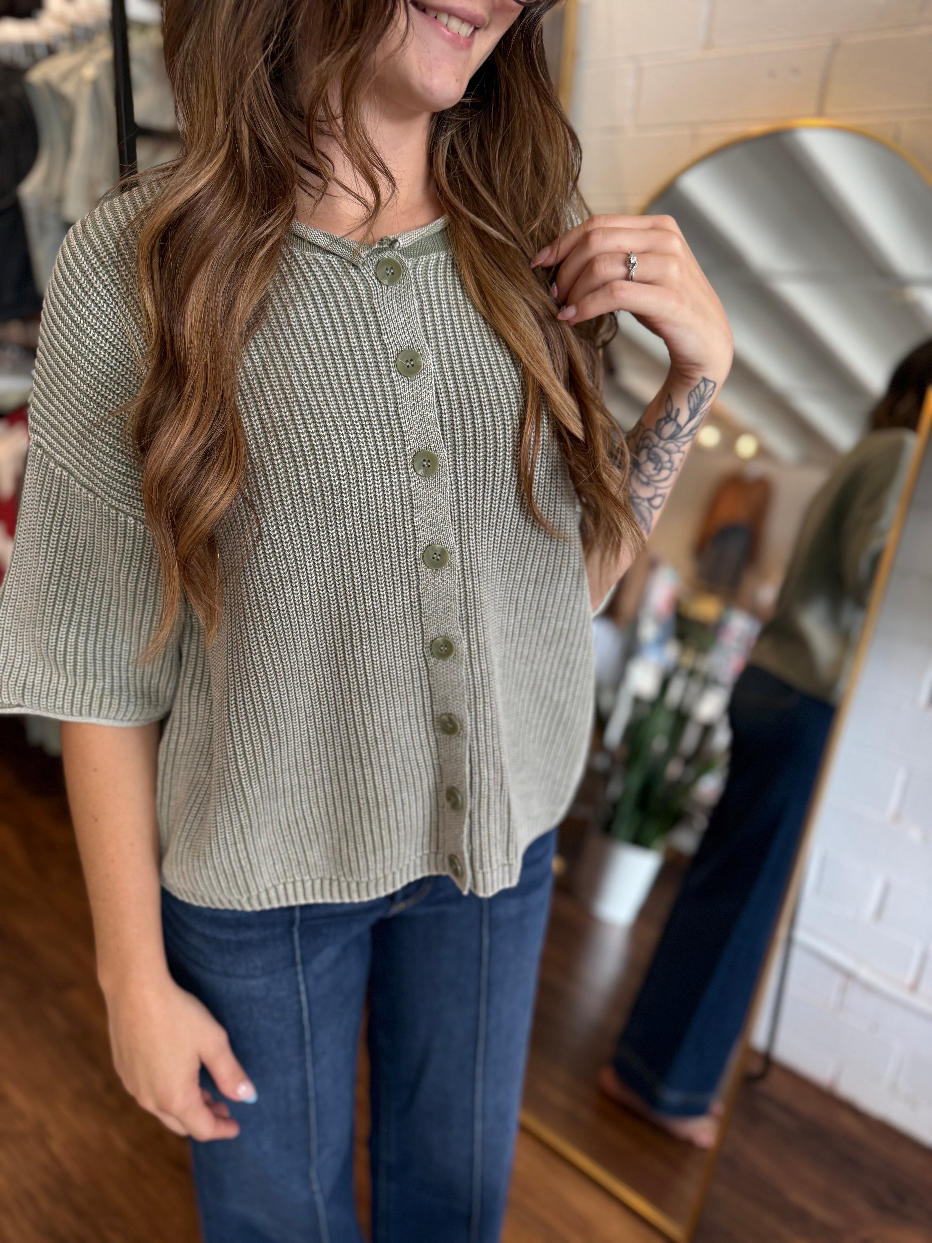 Washed Ribbed Short Sleeve Rolled Edge Cardigan