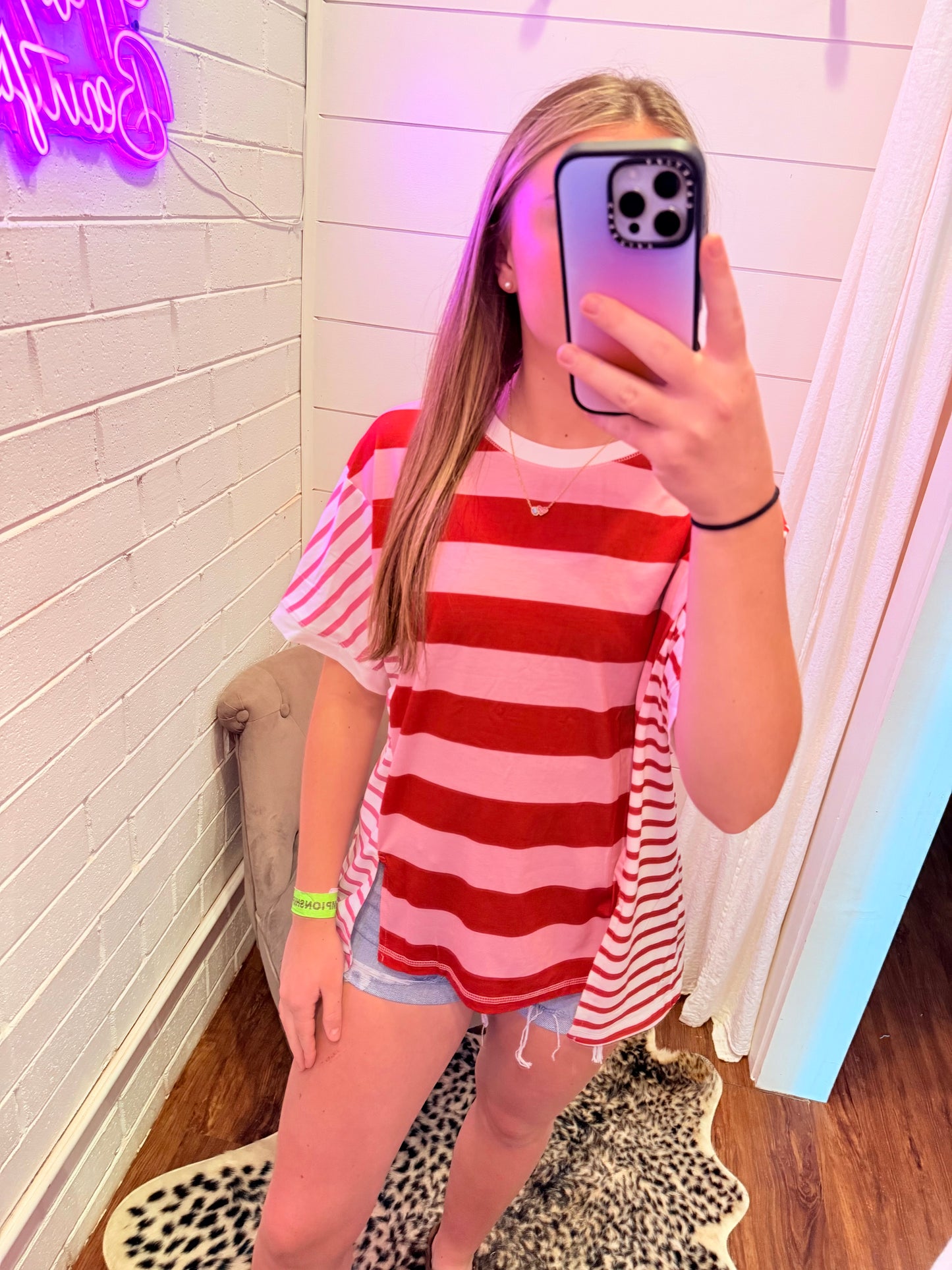 Pink Striped Patchwork Side Split Loose T-Shirt