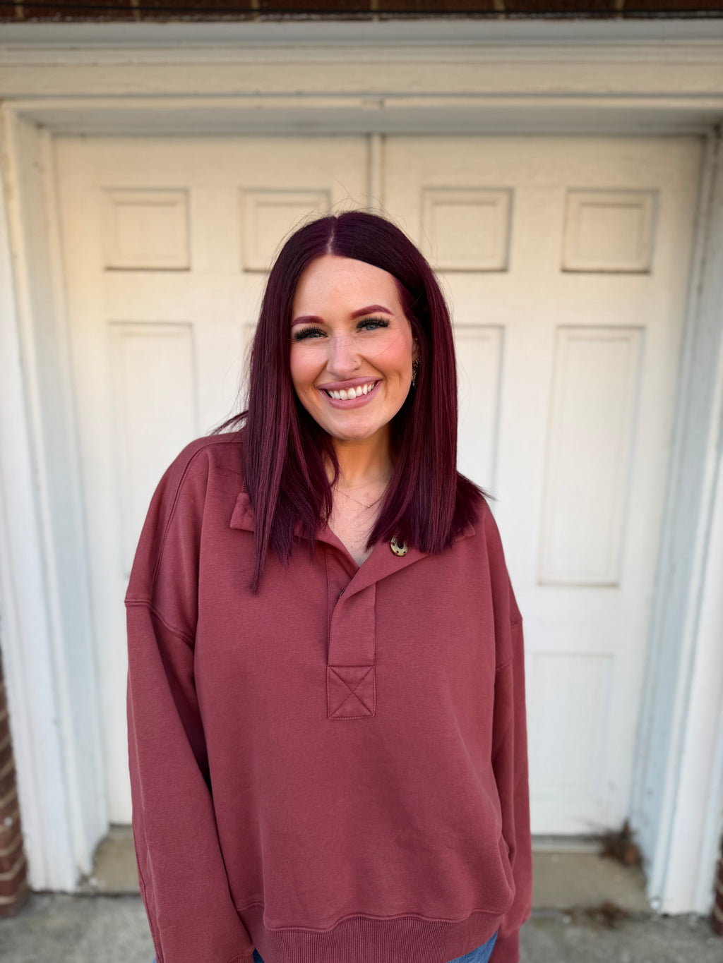Oversized Snap Neck Pullover Sweatshirt - Mulberry