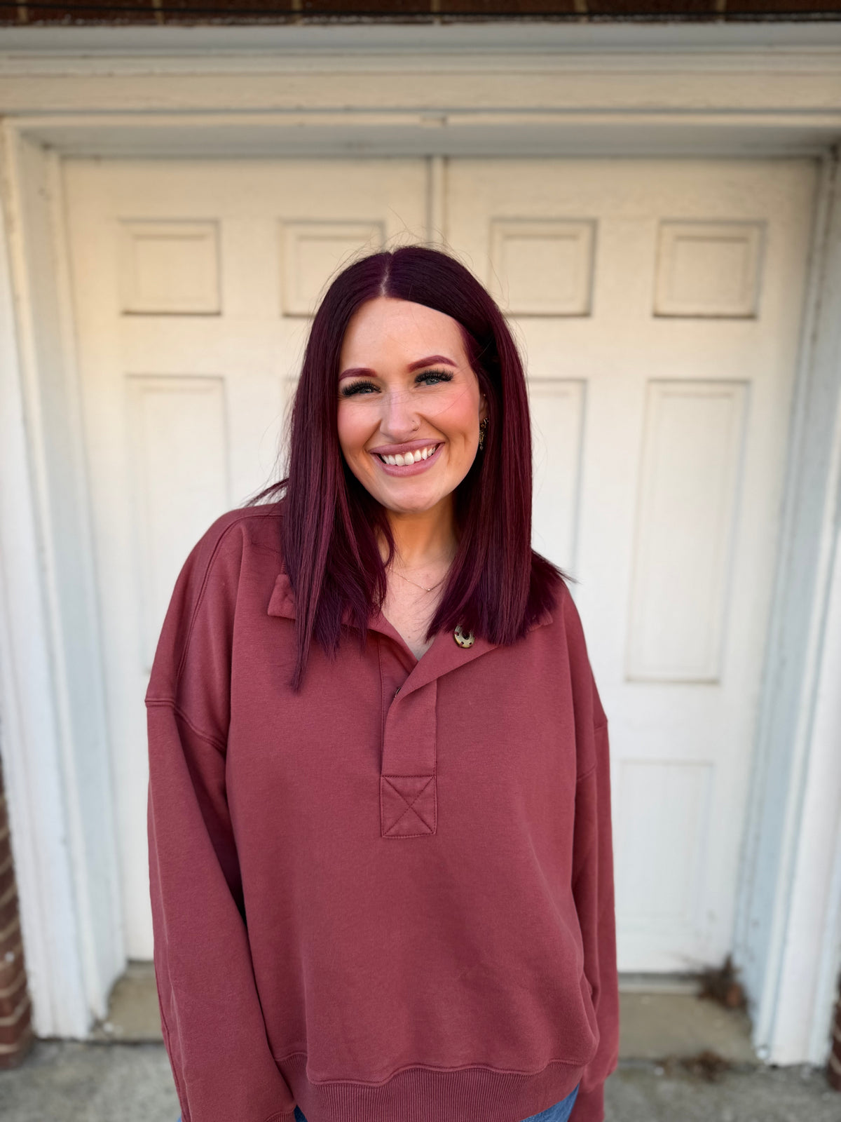 Oversized Snap Neck Pullover Sweatshirt - Mulberry