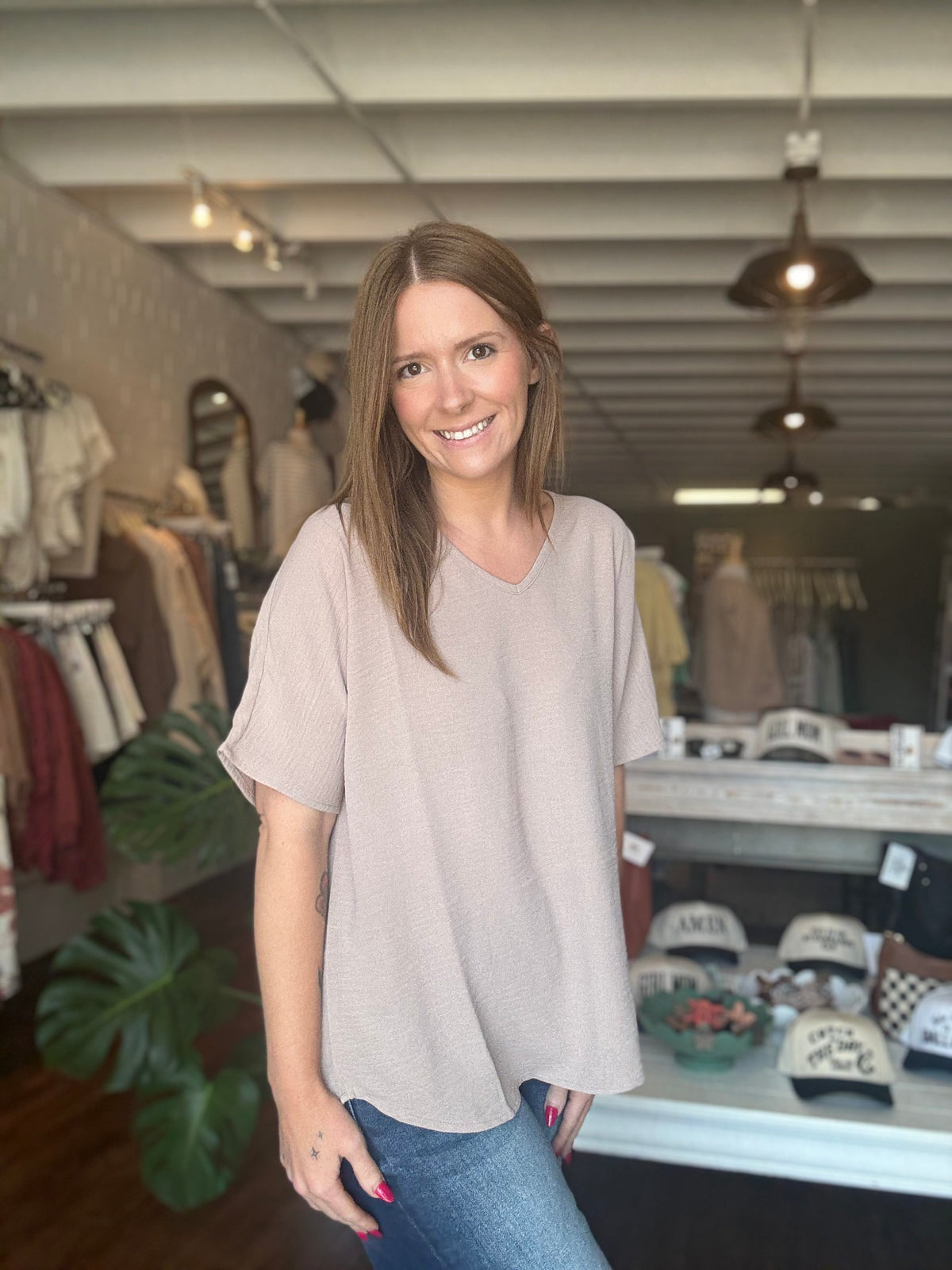 Woven Airflow V-neck Short Sleeve Top - Ash Mocha