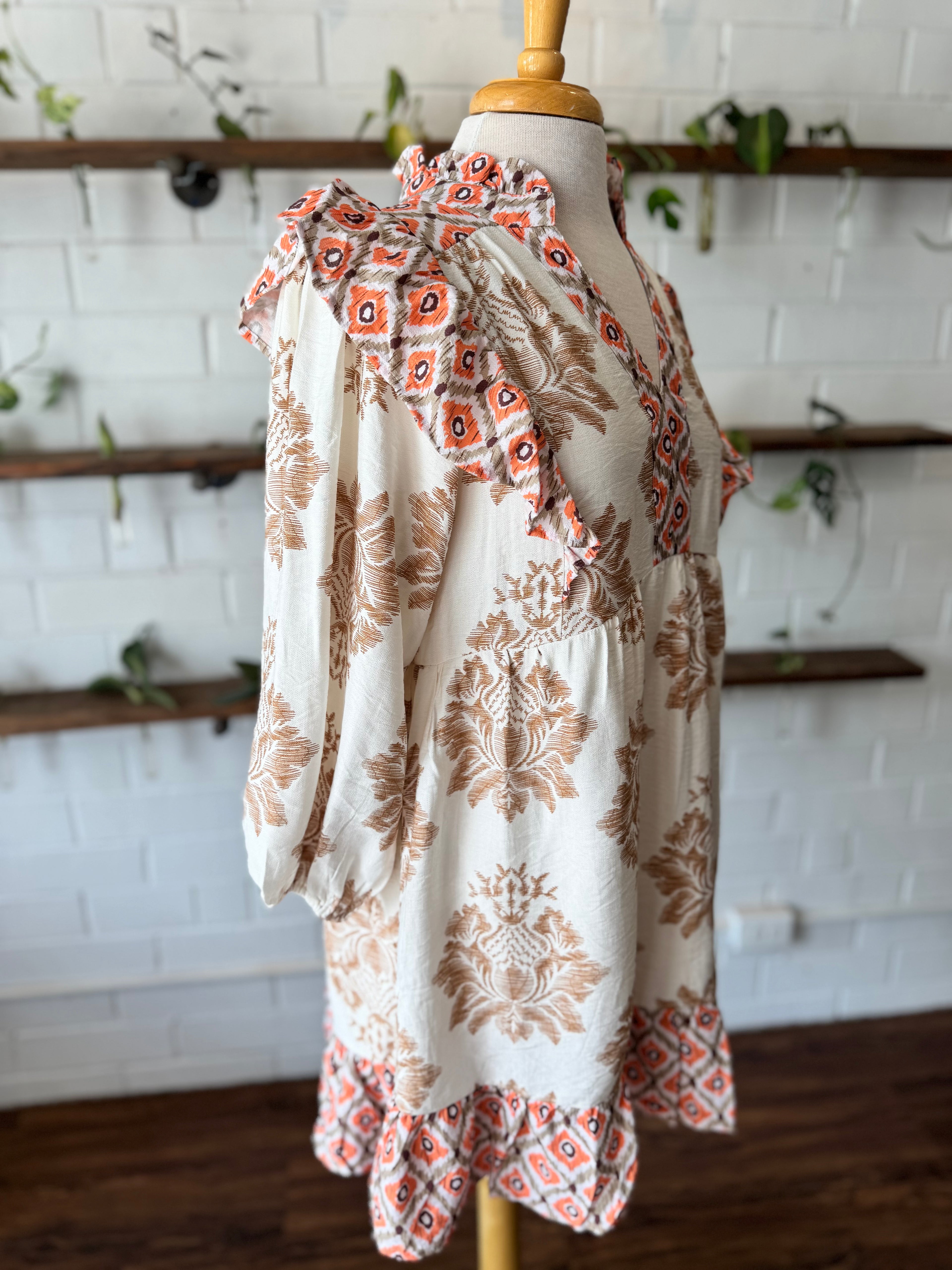 Mixed Print 3/4 Sleeve Dress