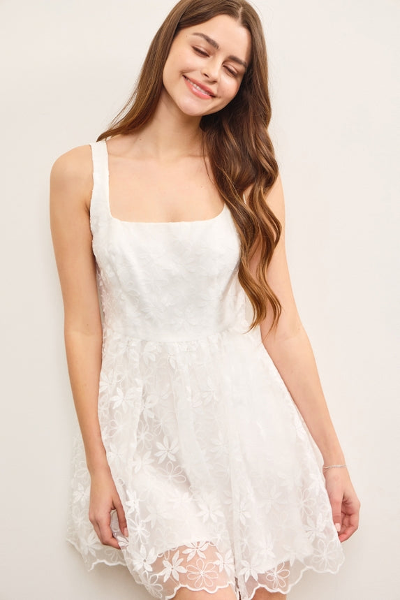 Square Neck Floral Embroidered Dress