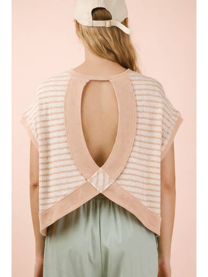 Open Back Striped Textured Knit Top - Beige