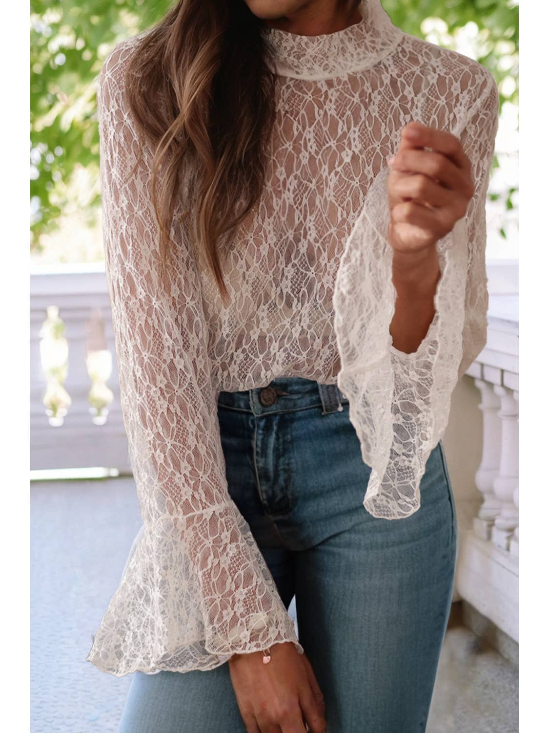 White Sheer Lace Bell Sleeve Mock Neck Blouse