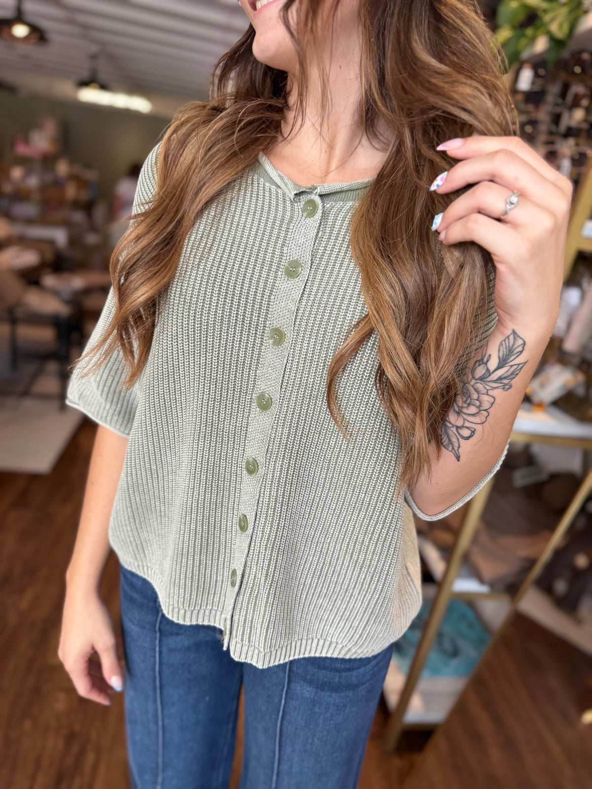 Washed Ribbed Short Sleeve Rolled Edge Cardigan