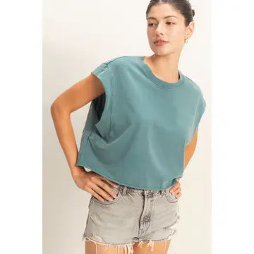 Crewneck Sleeveless Boxy Top -Navy