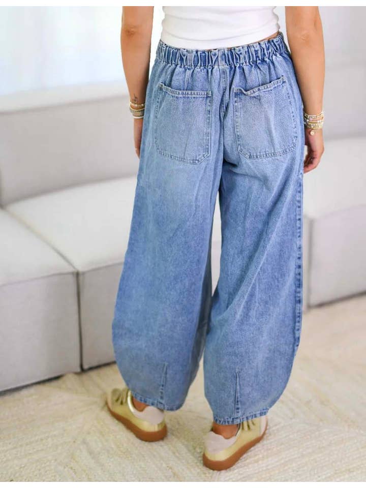 Elastic Waist String Tie Pocket Denim Pants - Light Blue