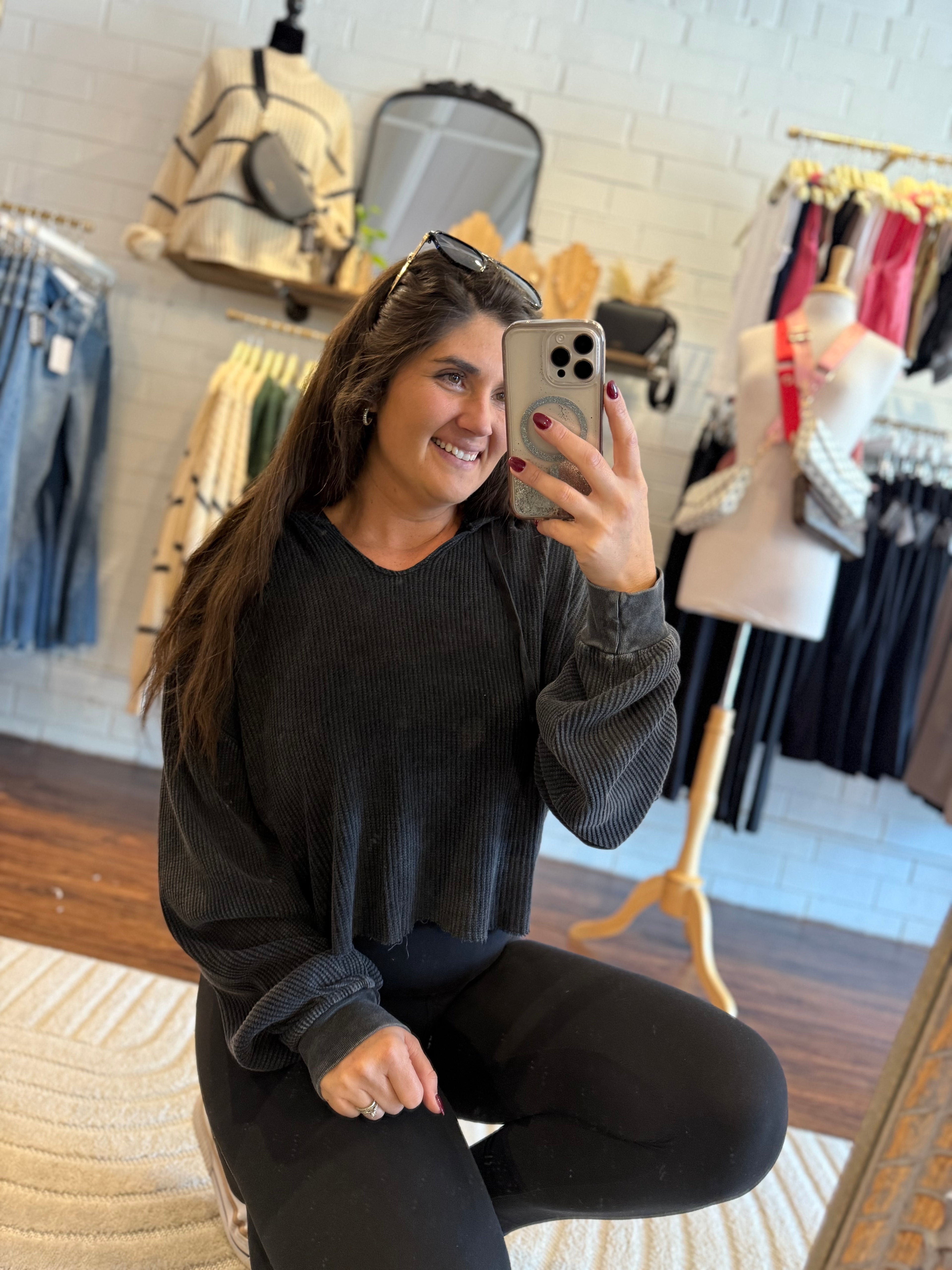 Black Mineral Washed Cropped Waffle Knit Hoodie