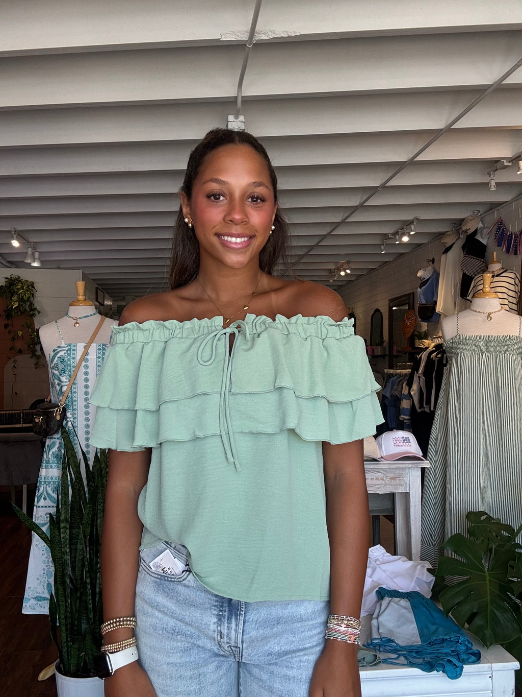 Off-Shoulder Tiered Ruffle Top - Sage