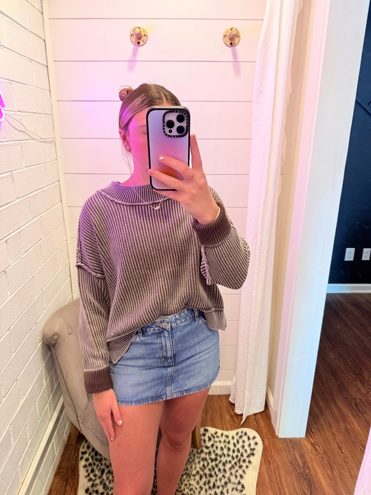 Brown Washed Side Slit Oversized Cropped Sweater