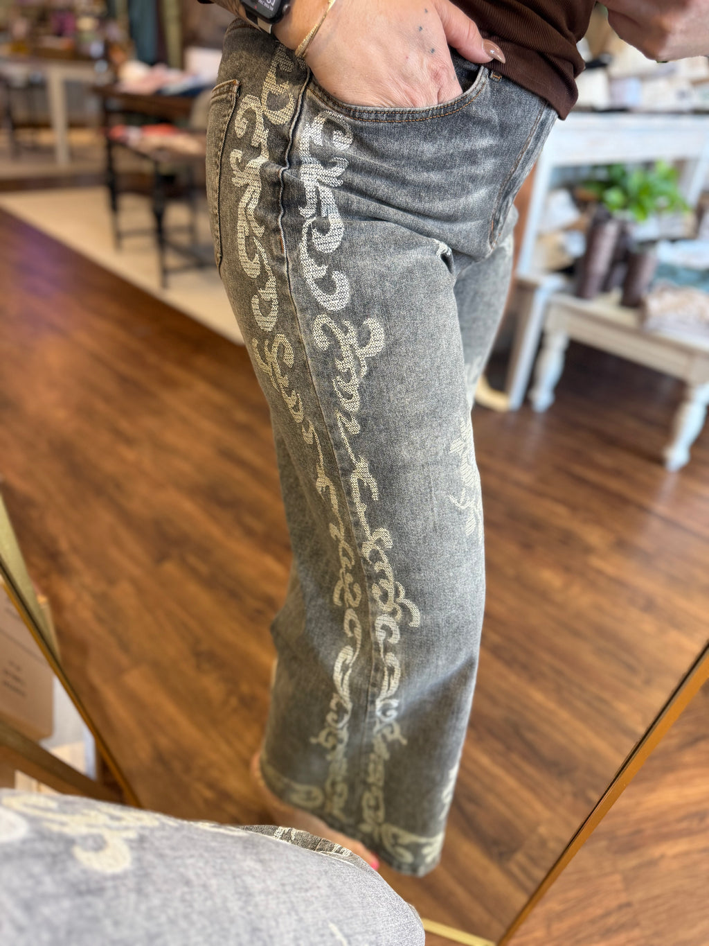 Faded Wash Embroidered Denim