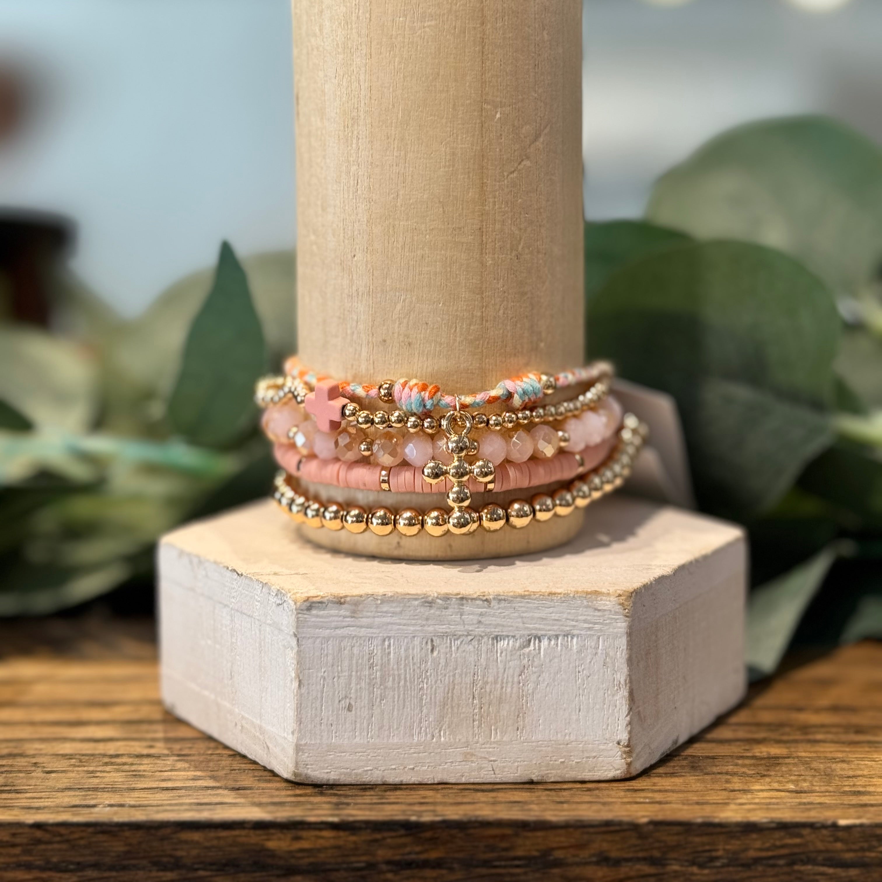 Beaded Bracelet Set with Cross Charm