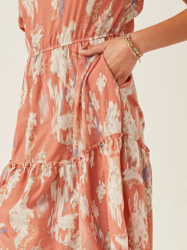 Abstract Print Cutout Back Puff Sleeve Dress