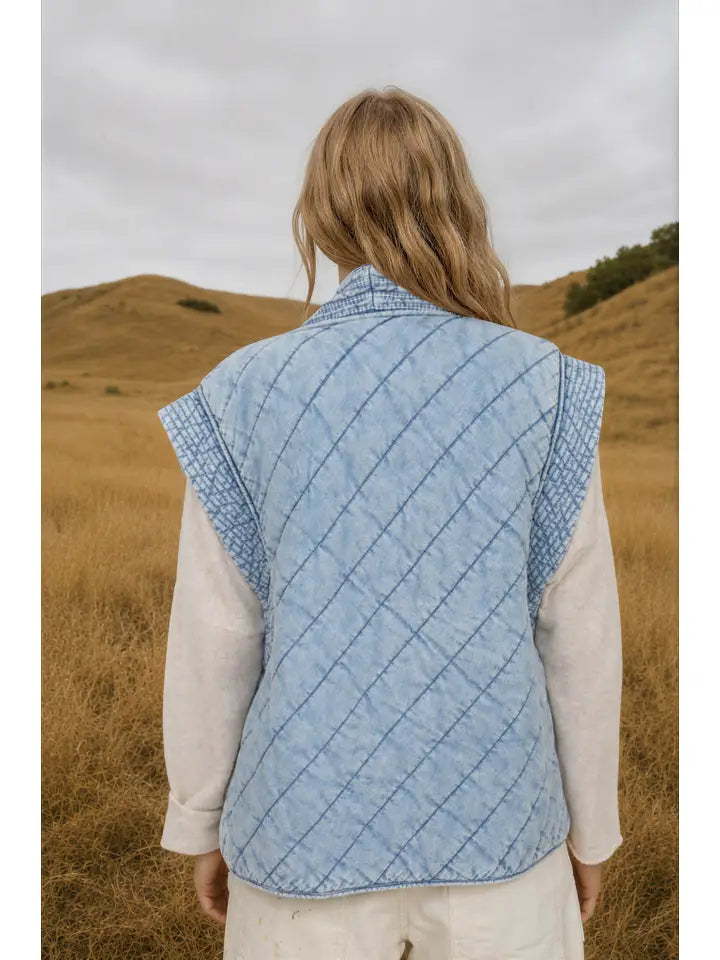 Washed Denim Quilted Shawl Vest