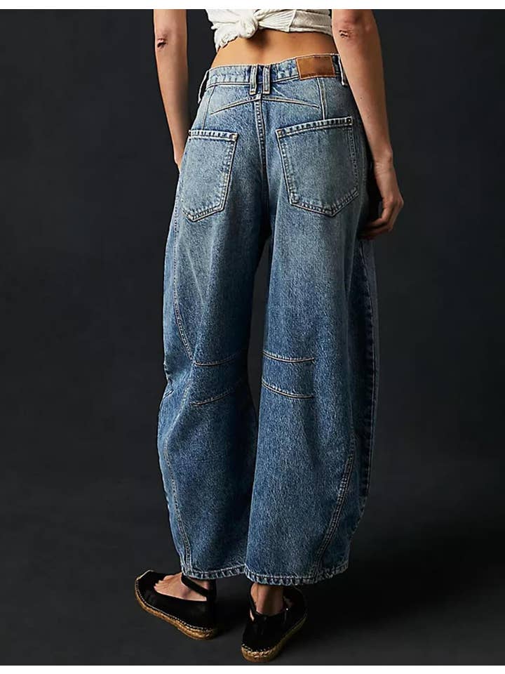 Mid Rise Wide Leg Barrel Jeans - Denim Blue