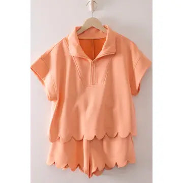 Half-Zip Scallop Active Shorts Set coral
